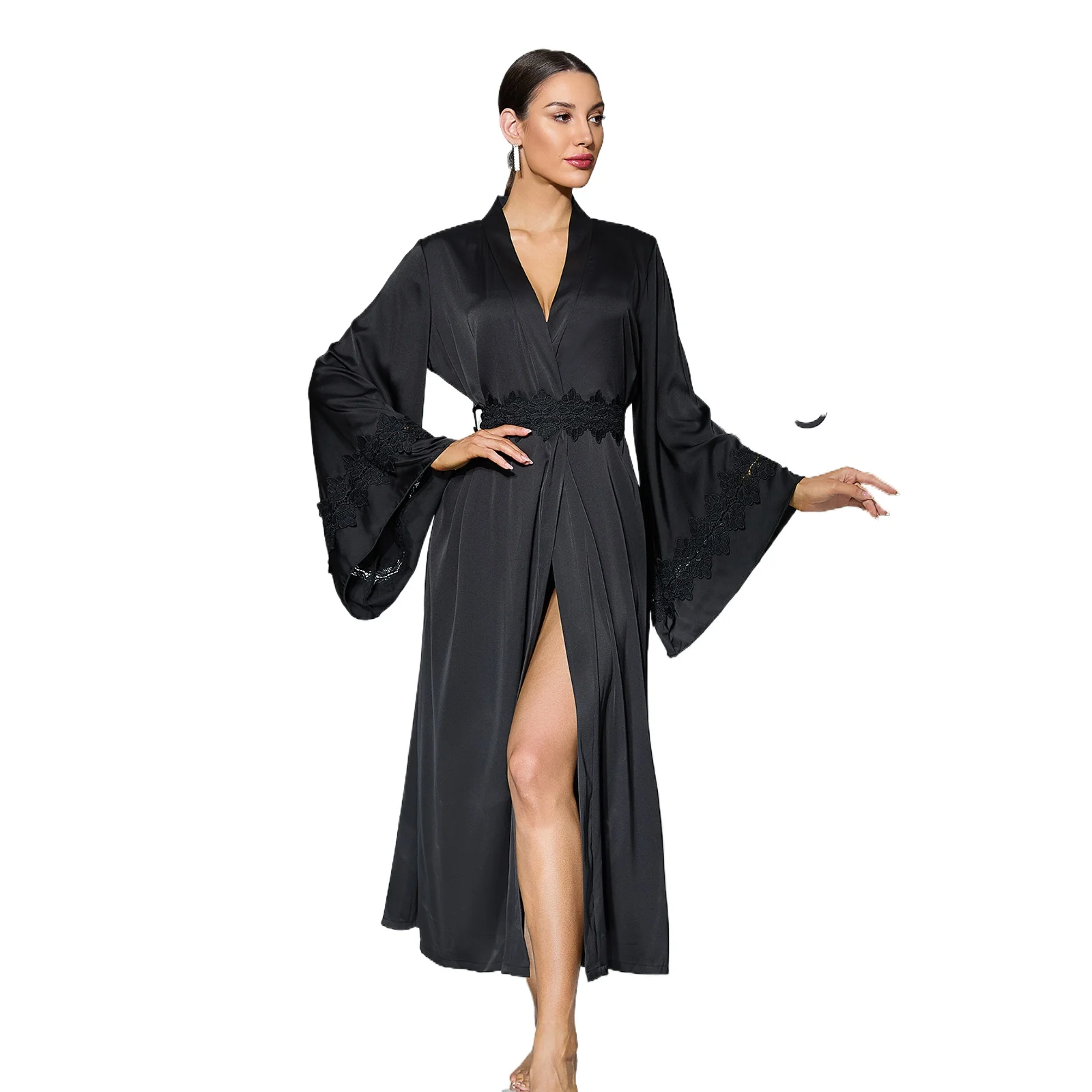 Cross-border High-end Textured Satin Nightgown Water-soluble Flower Decorative Horn Sleeve Lace-up Women's Loungewear Cw98010