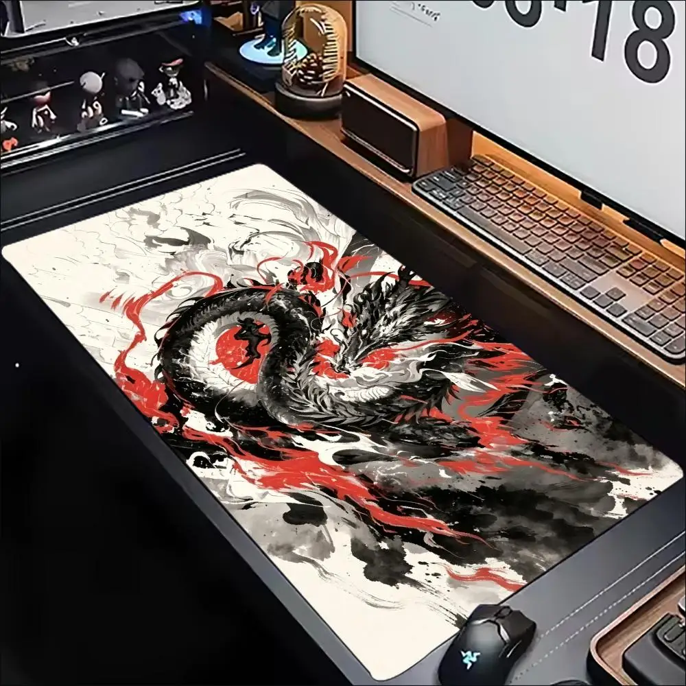 Large Mouse Pad Chinese Ink Dragon Print Stitched Edge Anti‑Slip Rubber Desk Mat for Gaming Working Home Office Laptop Computer