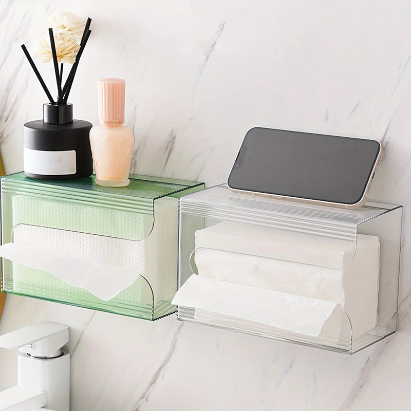 Punch Free Multipurpose Tissue Storage Box Transparent Kitchen Bathroom Wall Mounted Plastic Toilet Paper Masks Storage
