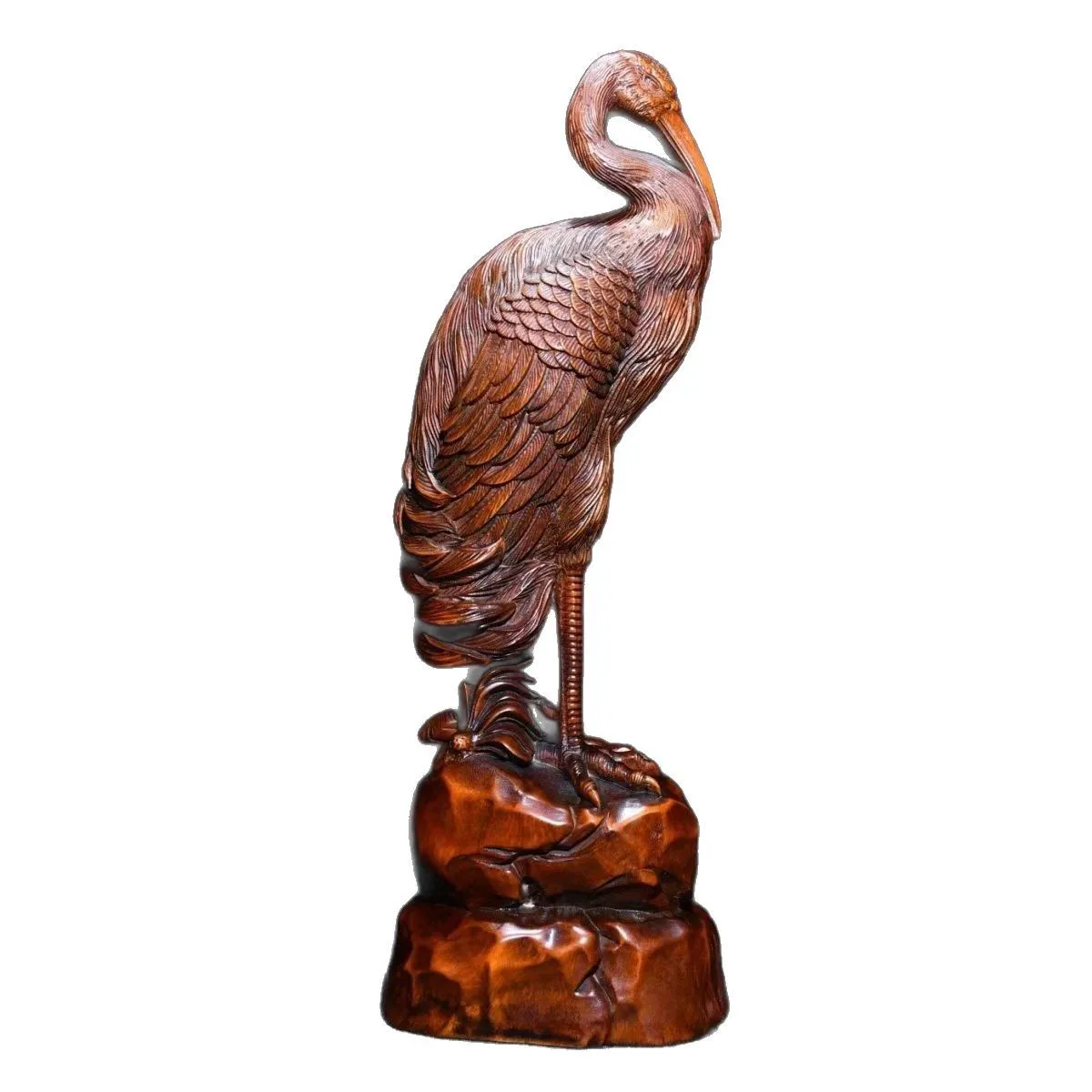 Solid Boxwood Carving Pine‑Crane Ornament, Handmade Vintage Craft Sculpture, Traditional Chinese Home Decor Collectible Present