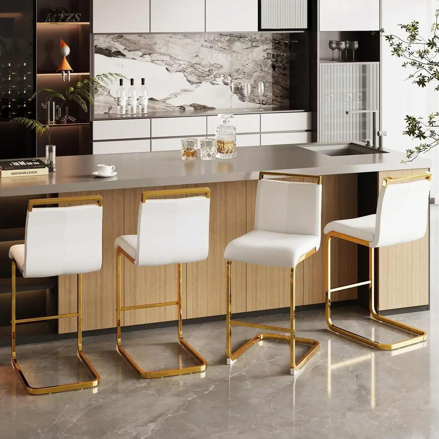 Gold Bar Stools with Back, White Island Chairs with Gold Chrome Plated Metal Leg,Faux Leather Barstools for Pub Kitchen Counter