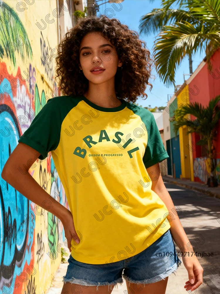 2026 New Retro Letter Brazil Print Women‘s T-shirt Summer Patchwork Short Sleeve Sports Football Jersey Y2K Loose Oversized Tops