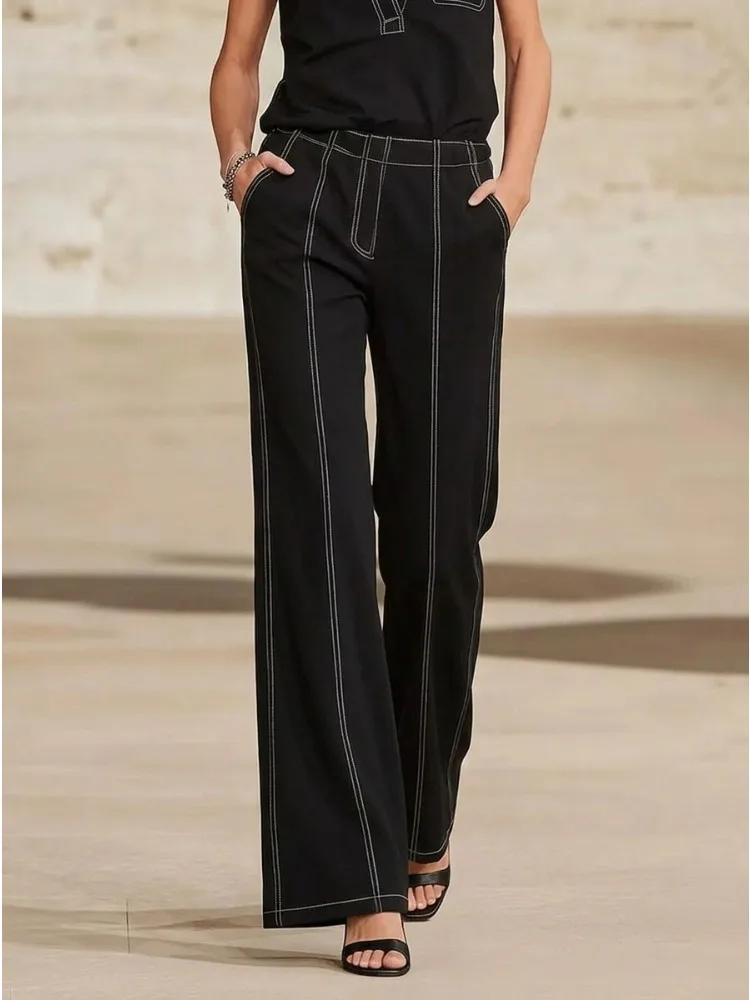 Bonboho Women's Minimalist Black High Waisted Contrast Stitch Wide Leg Pants 2026 Casual Daily Streetwear Trousers Summer Bottom