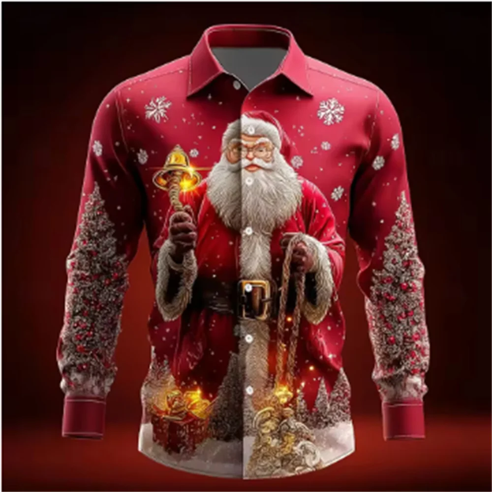 Kerstoverhemden voor heren Kleding Kerstman 3D-print overhemd Knop Lange mouw Vakantie Herfst bedrukt reversoverhemd Herenkleding