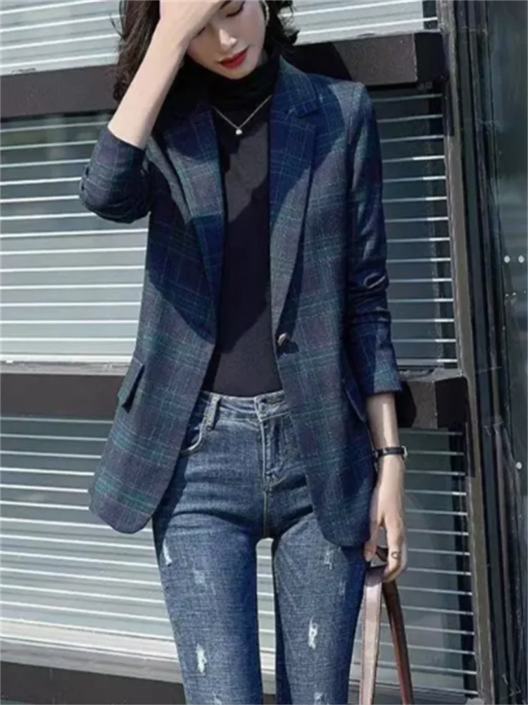 Vintage Women's Blazer Checked Plaid Fashionable Suit Jacket Thin Coats patchwork pocket coat OLCasual Outwear Suits
