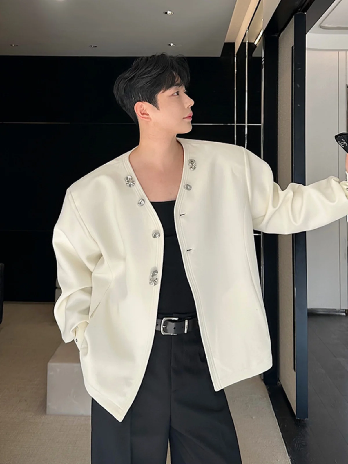 

Spring Men's Collarl Jaet Decorative Metal Bule Design Chic Outerwear Loose Fit Youthful ular Polyester