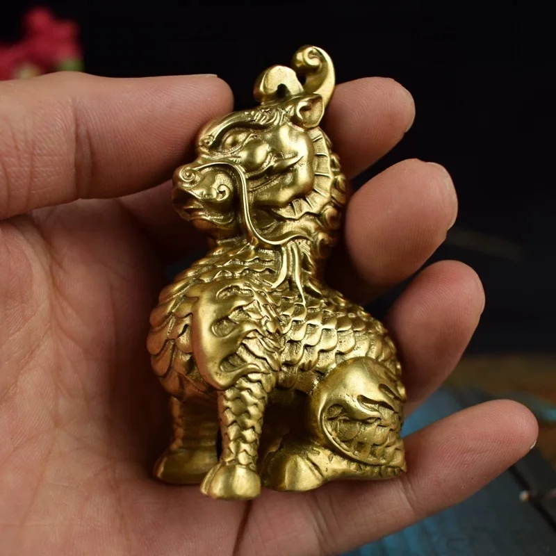Brass Qilin Statue Chinese Mythical Kylin Figurine Feng Shui Auspicious Beast Desktop Ornament Home Table Decor Lucky Gift