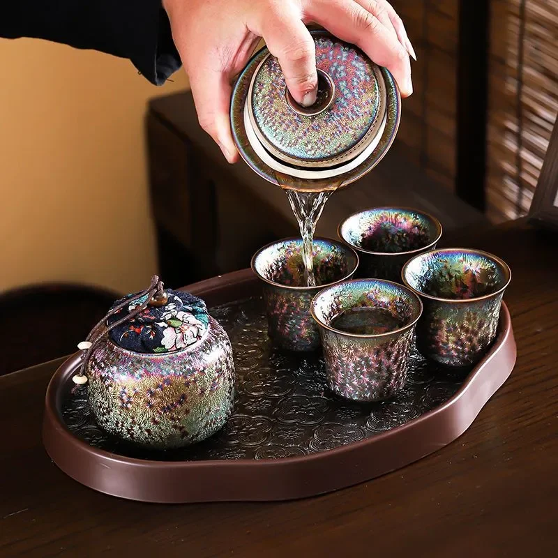 Colorful Kiln Changed Chinese Teapot Travel Tea Set, One Pot Four Cups, Retro Creative Kung Fu Tea Set for Car & Outdoor