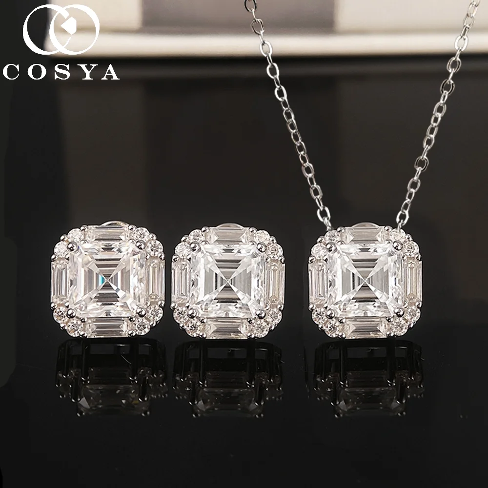

COSYA 2CT 7*7mm Asscher Moissanite Earrings/Necklace for Women S925 Silver D Color VVS Lab Diamond Wedding Fine Jewelry Gift