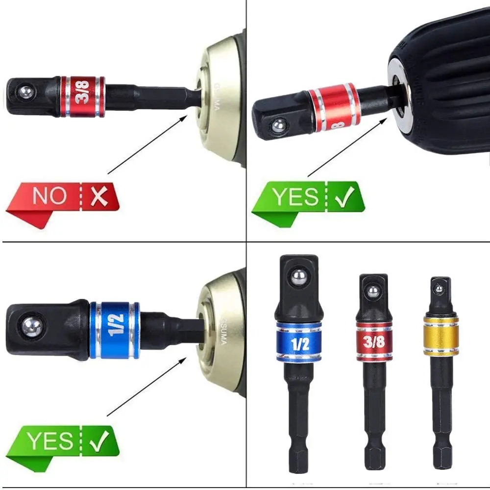 3Pcs 1/4 3/8 1/2 "อะแดปเตอร์ซ็อกเก็ต Universal 105องศาไขควงขวาเจาะ Hex Bit Socket Impact เกรด driver Extension