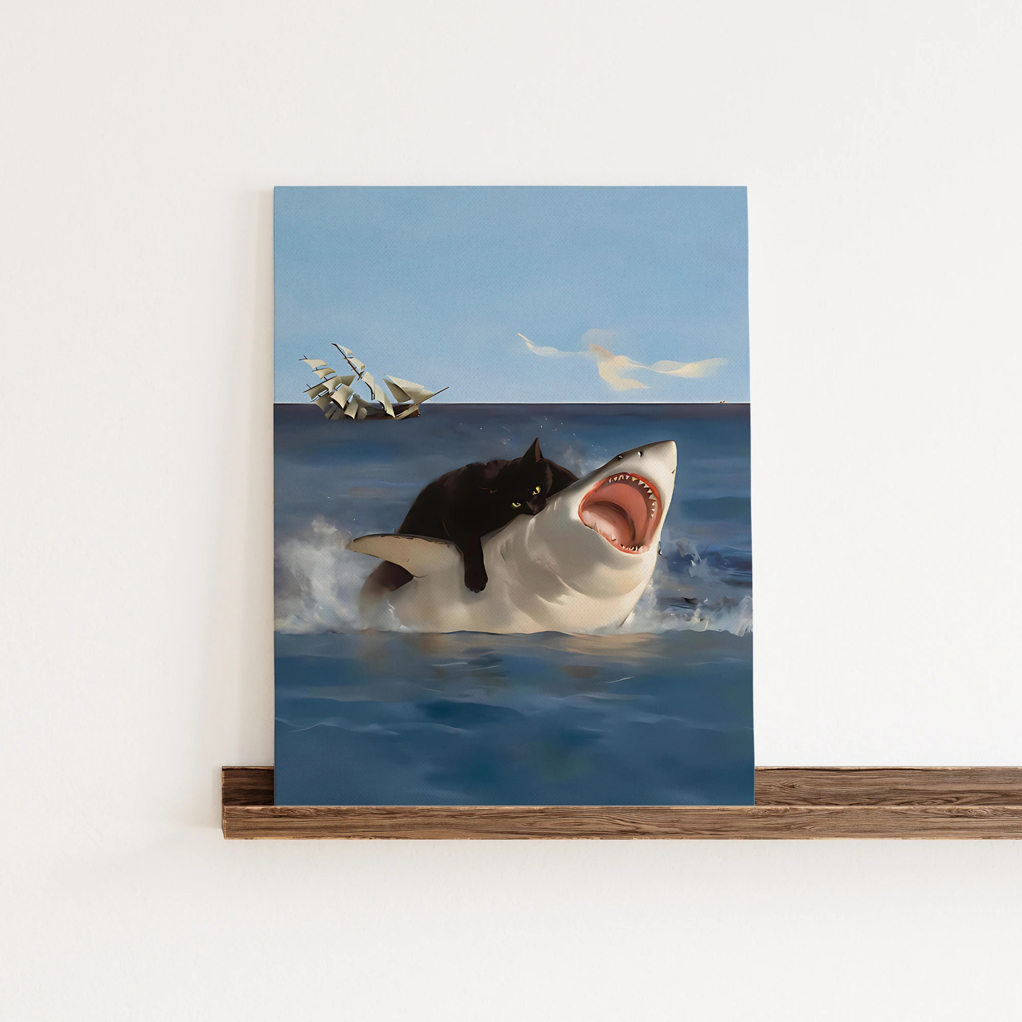 مضحك الدهون القط مقابل القرش عصر النهضة ملتوي القط الأسود جدار الفن يطبع قماش اللوحة المشارك صورة لغرفة المعيشة ديكور المنزل
