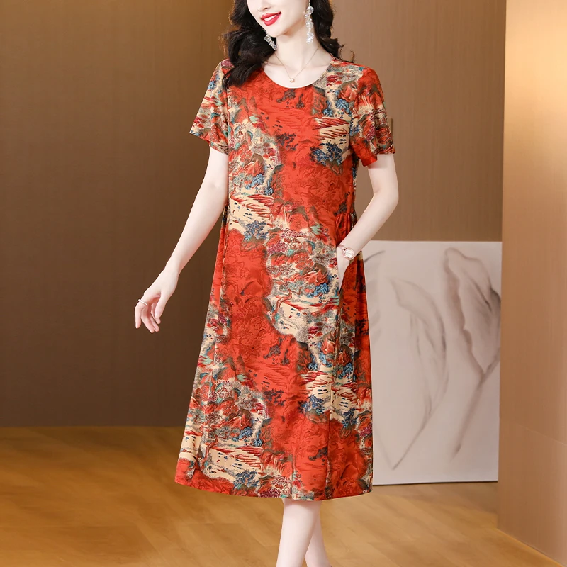 2023 New Fashion Silk Dress Women's Summer Versatile Genuine Silk Knee Length Dress Korean Loose Fit Printed Dress Vestidos