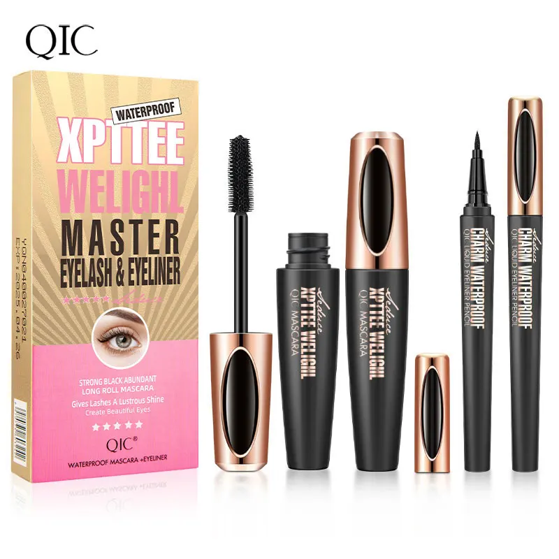 Zwarte Waterdichte Vloeibare Mascara Eyeliner Kit 4d Fiber Lash Curling Dikke Verlenging Cosmetica Volume Wimpers Korea Make-Up Set