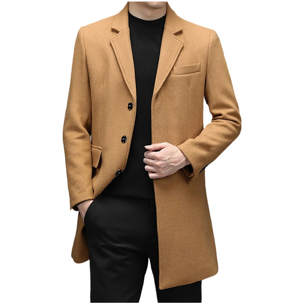 

Мужской Тренч средней длины, шерстяное пальто, однотонные деловые ветровки с лацканами, куртки