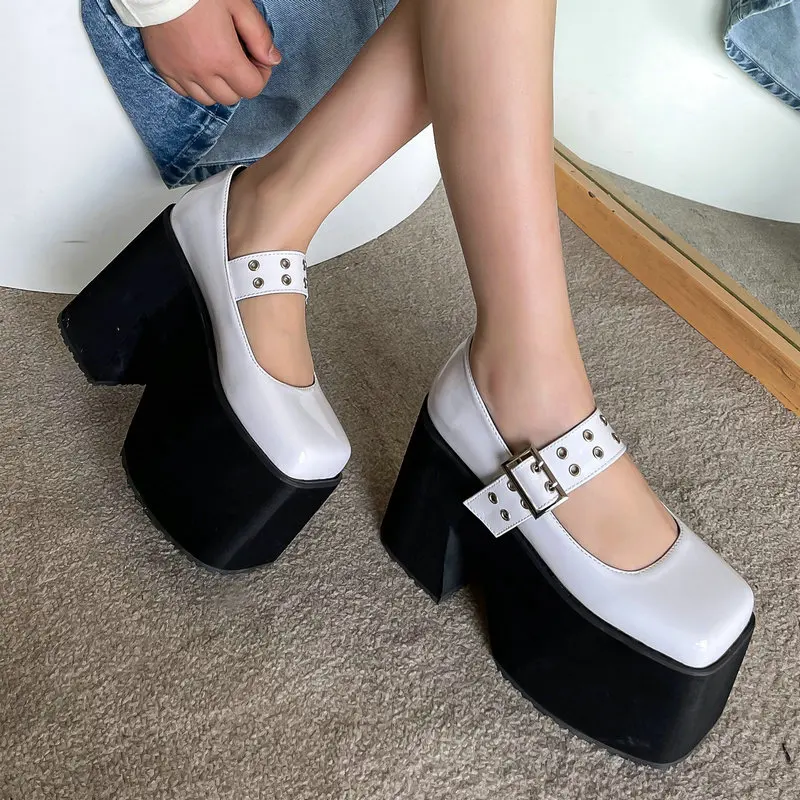 Big Size 34-46 PU Patent Leather Light Foam Sole Platfrom Punk Goth Girls Shoes Square Toe Chunky High Heels Mary Janes Pumps