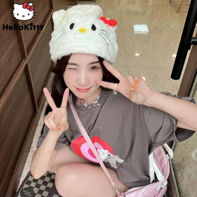 Sanrio Hello Kitty Cute Hats Women Cartoon Soft Plush Head Wrap Y2k Girl New Korean Trend White Fuzzy Cap Female Fashion Caps