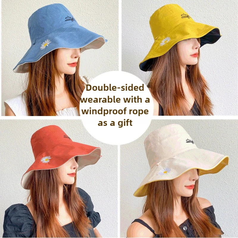 

Korea Version Summer Sun Woman Hat Double-sided Wear Small Daisy Fisherman Hat Large Eave Bucket Hats Outdoor Sun Protection Hat