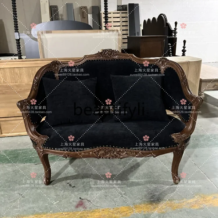 

French medieval solid wood chenille double sofa chair retro fabric living room sofa07