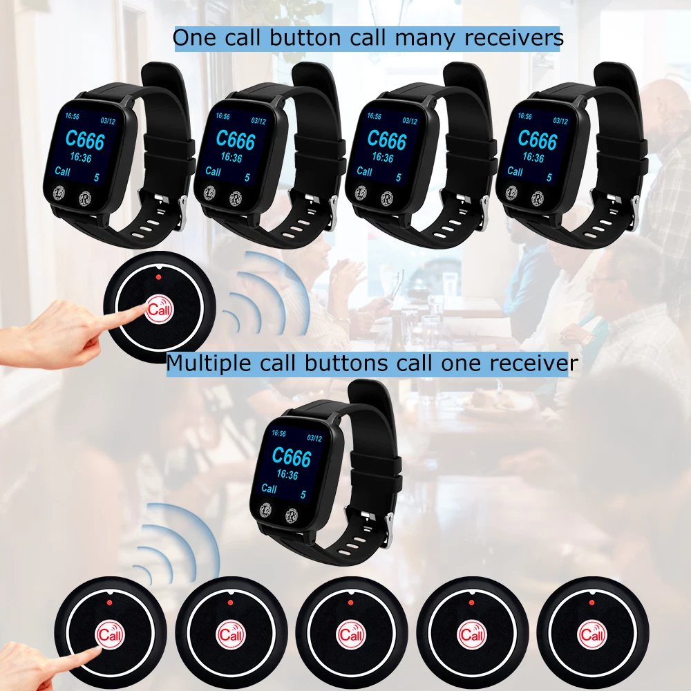 CATEL CTW08 مقاوم للماء ساعة معصم لاسلكية استقبال النداء لمطعم الاتصال مقهى فندق في الاهتزاز