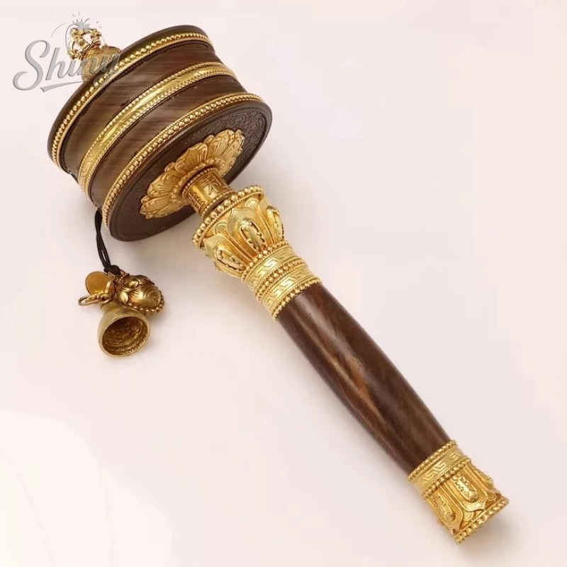 

23cm Pure Copper Tibetan Exquisite Carving Guanyin Lotus Mantra Scriptures Wooden Hand Cranking Prayer Wheel Pray for Blessings