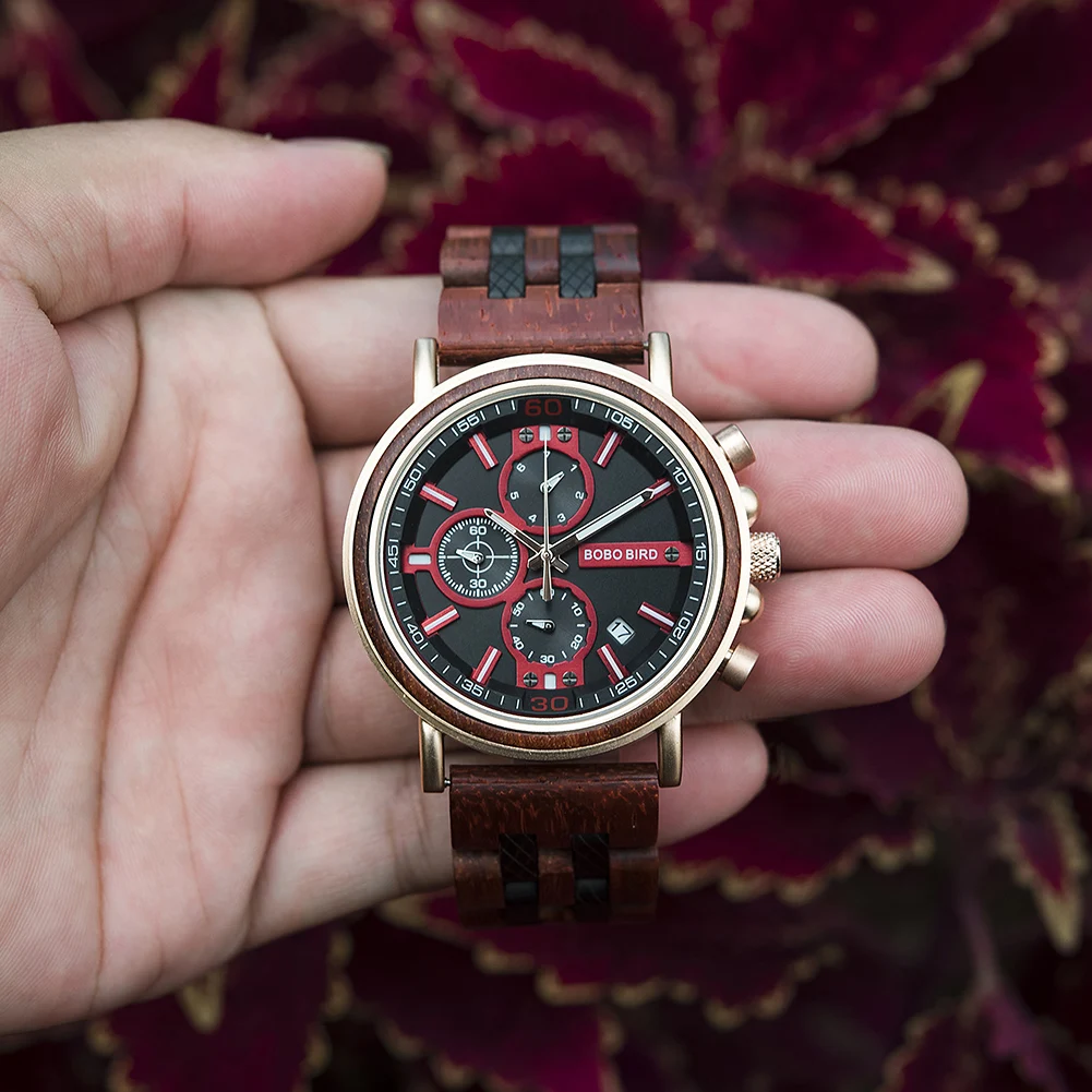 Customize Logo Name Men Wood Watches BOBO BIRD Fashion Calendar Stopwatch Personalized Quartz Wristwatches Gift Dropshipping