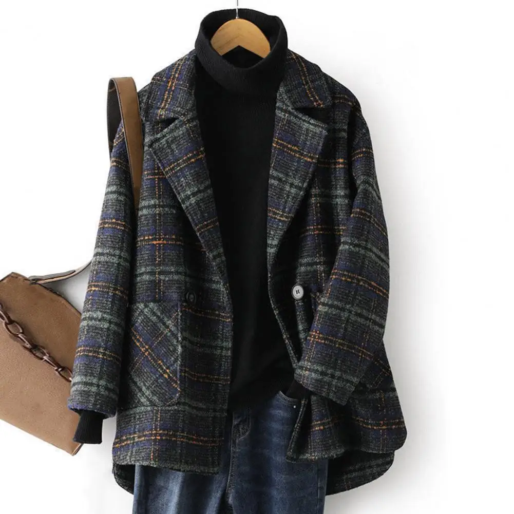 Women Solid Color Jacket Elegant Plaid Print Women's Winter Coat with Turn-down Collar Retro Cardigan Style Stay for Fall/winter