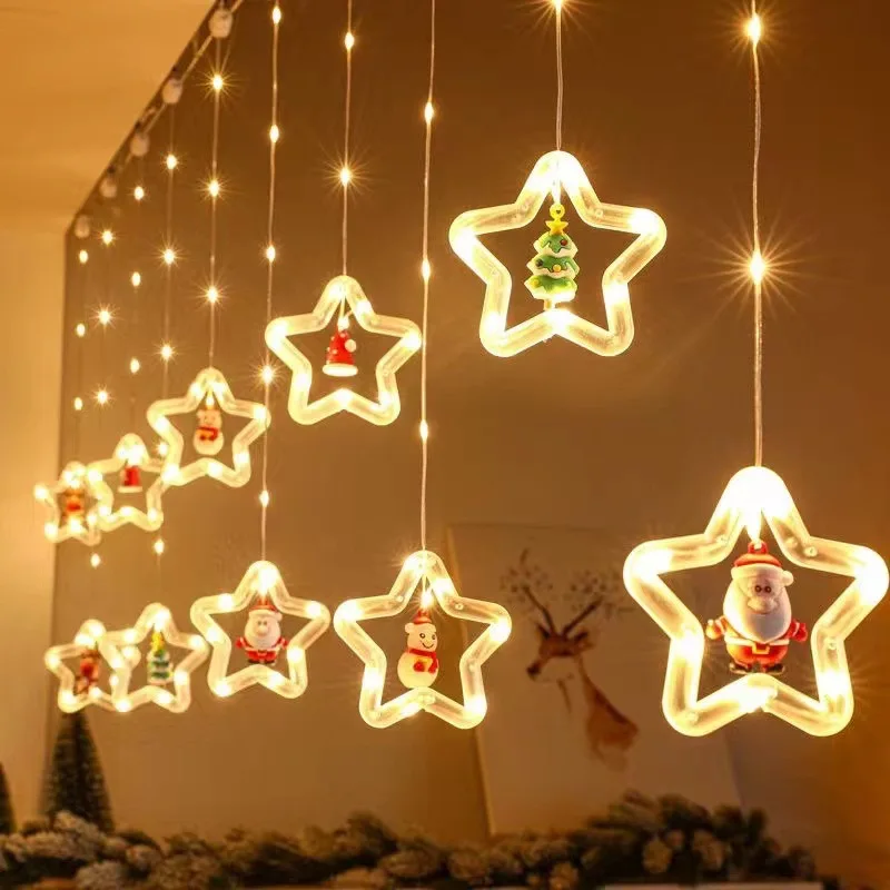 Guirxiété Lumineuse LED de Noël, Nouvel An, Père Noël, Rideau de Dessin Animé, Chambre, Fenêtre, Jardin, Décoration de Vacances Créative, Disposition de Scène, 2024