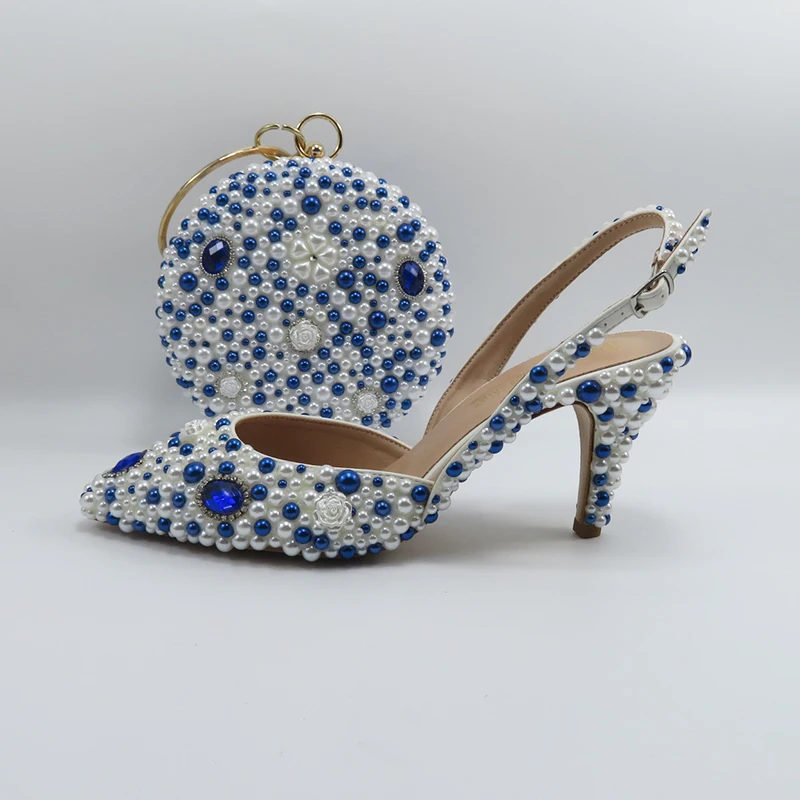 2024 nuovo arrivo Blue Pearl spike scarpe da festa femminili e borsa scarpe da sposa donna moda tacco sottile pompe alte poco profonde