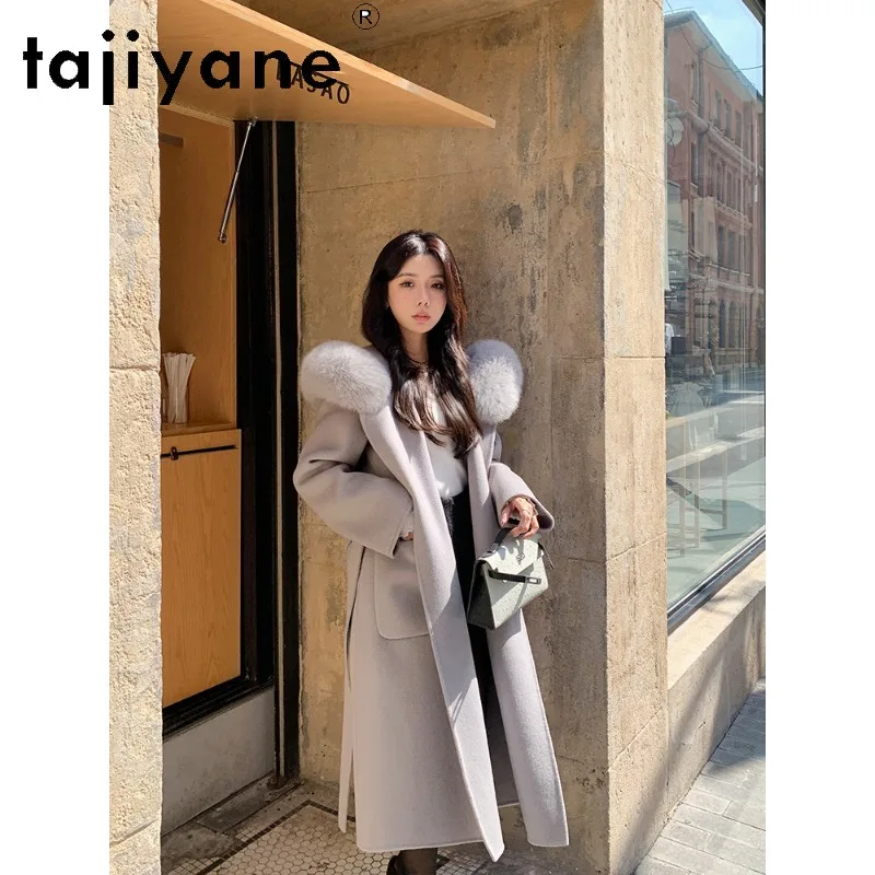 TAJIYANE Women's Wool Trench Coats 100% Sheep Wool Coat Fox Fur Collar Winter Jacket Hooded Long Coats for Women Польто Женское