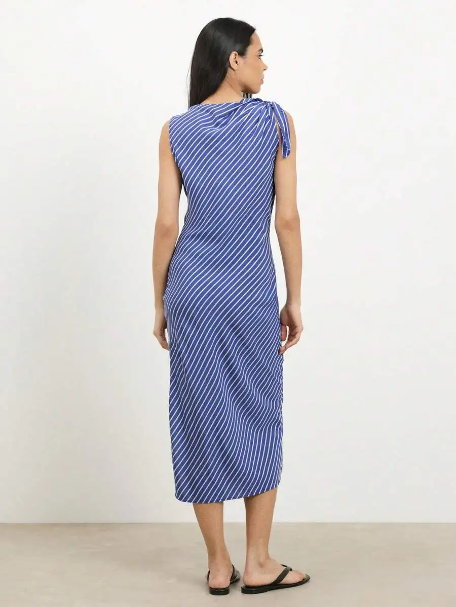

Striped Sleeveless Midi Dress With Shoulder Tie Detail For Summer Casual Work Party