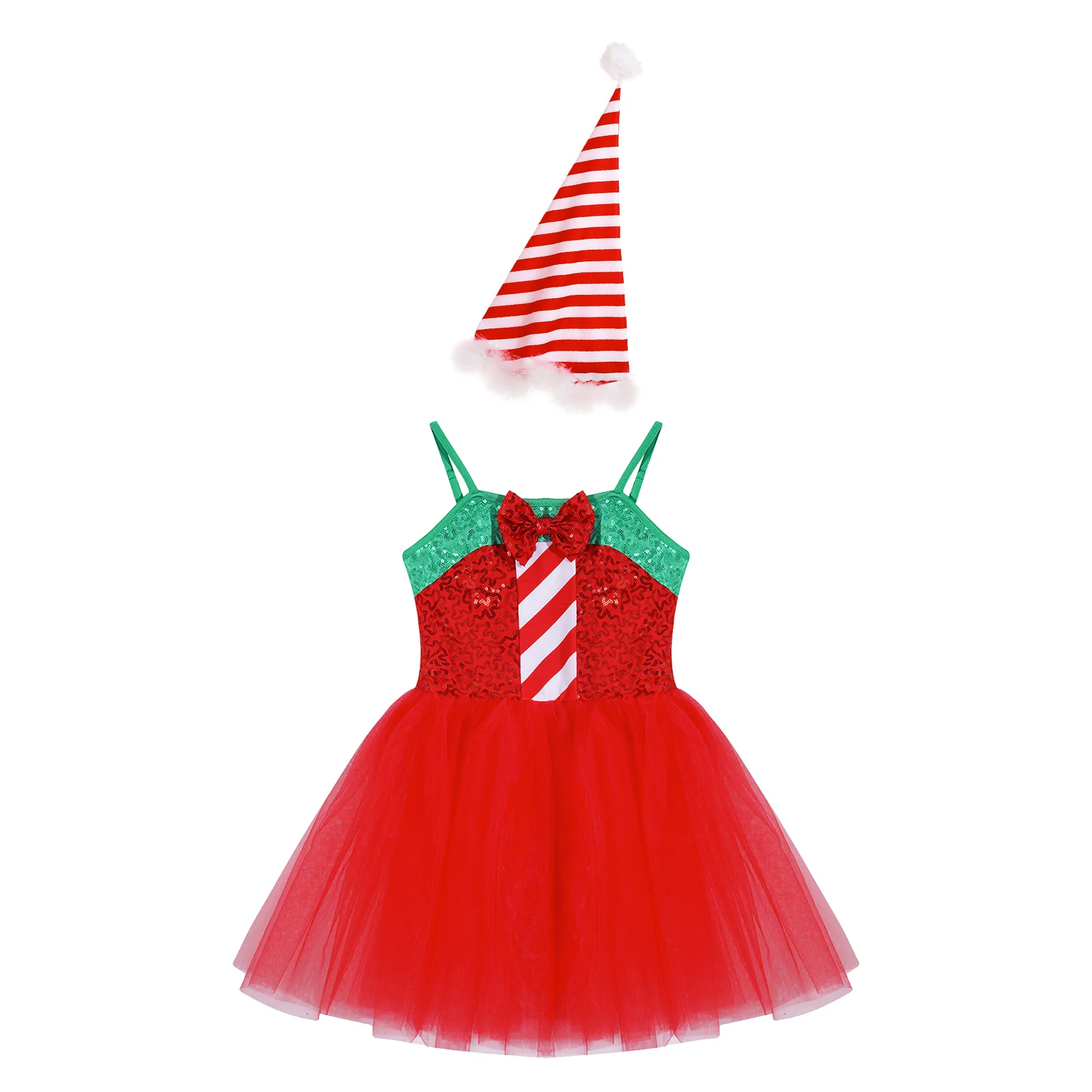 Mädchen Weihnachten Party Kleid Bogen Pailletten Mesh Tutu Trikot mit Hut Weihnachten Santa Claus Cosplay Kostüm Ballett Tanz Skating Kleidung