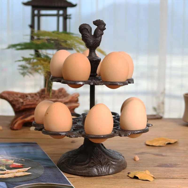 

Rustic Farmhouse Cast Iron Two-Tier Rooster Egg Holder For 12 Pieces Fresh Eggs Retro Cast Iron Egg Rack Kitchen Egg Container