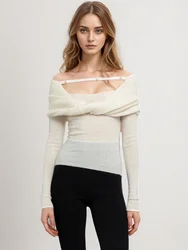 Solid Knitting Sweaters For Women Slash Neck Long Sleeve Minimalist Slimming Crisscross Folds Pullover Sweater Female