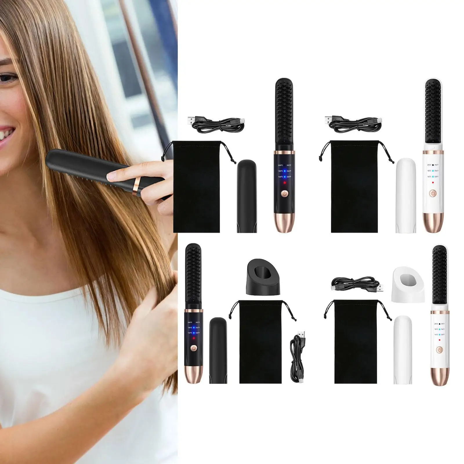 Hair Straightener for Women Men with 3 Temperatures Setting Fast Heating Straightening Brush Portable Hair Straightener Comb