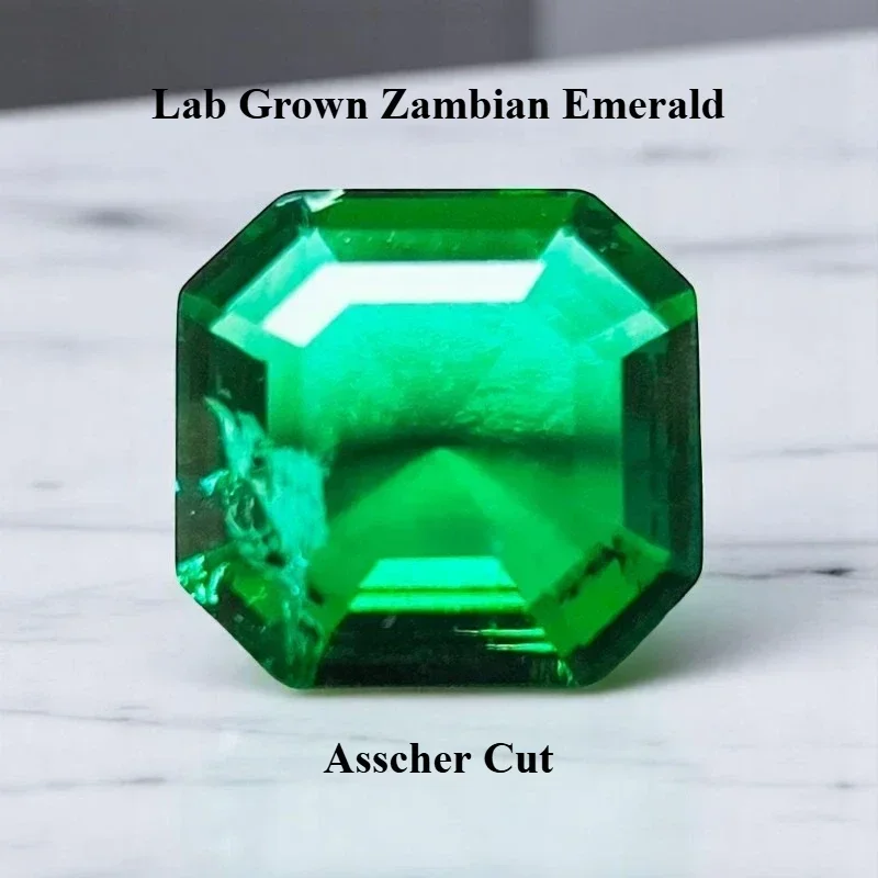 Lab Grown Zambian Emerald Asscher Cutting Hydrothermal Hand Cut with Cracks Inclusions Inside Selectable Gift AGL Certificate
