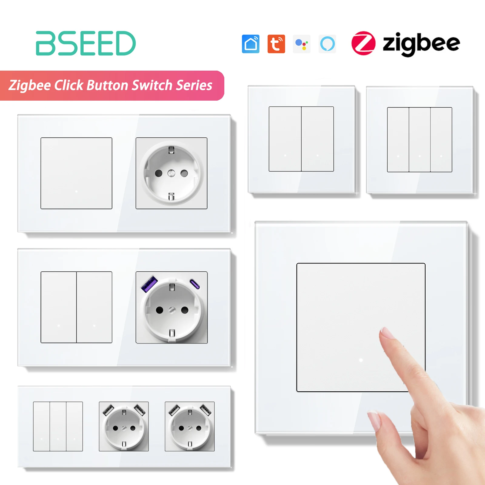BSEED Zigbee Light Switch 1/2/3Gang 2Way Smart Click Button Switch Glass Panel White LED Indicator Tuya Smart Life Alexa Control