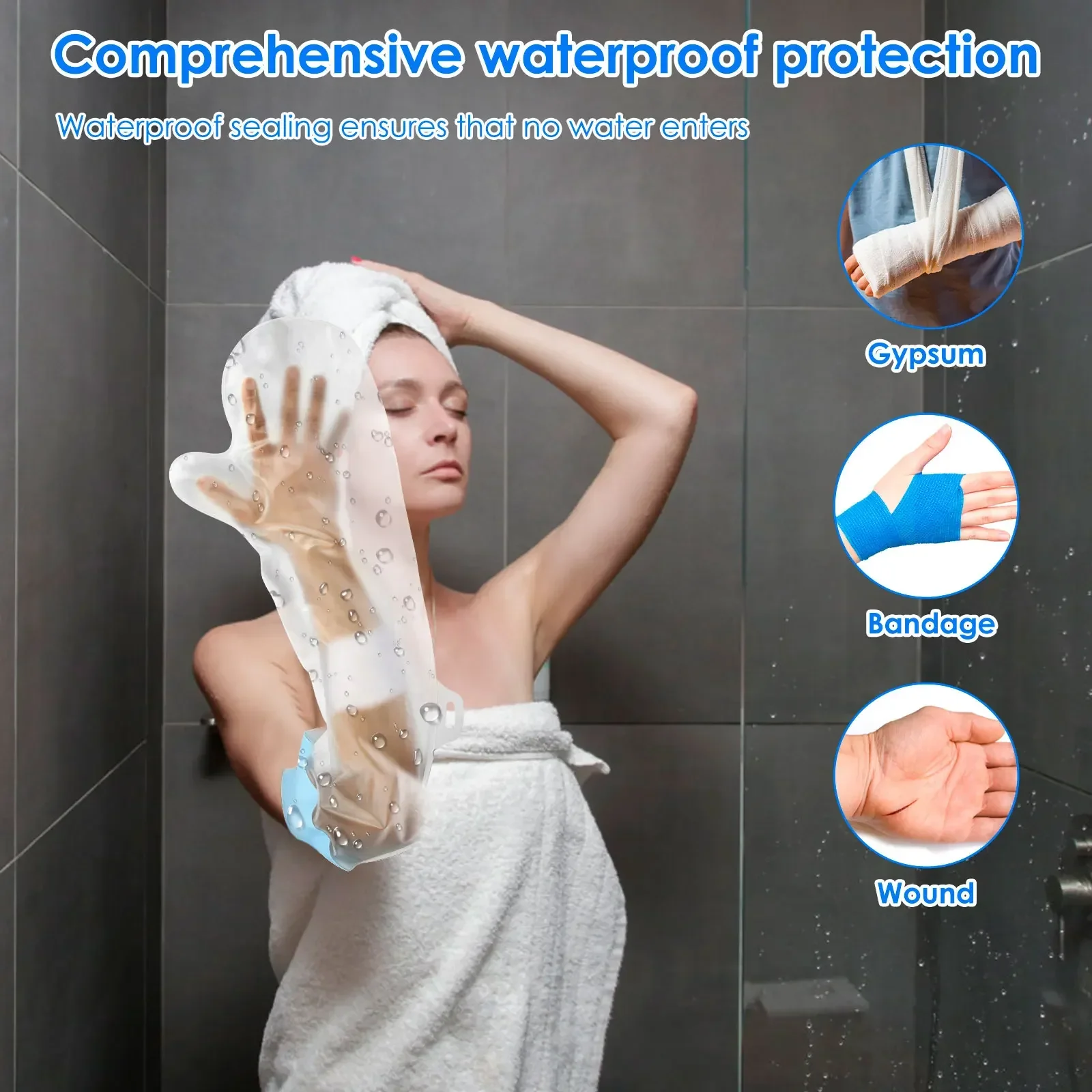 Waterproof Cast Cover Short Palm/Long Arm Shower Arm Protector with Elastic Opening Soft Comfortable Wound Bathing Bag for Adult