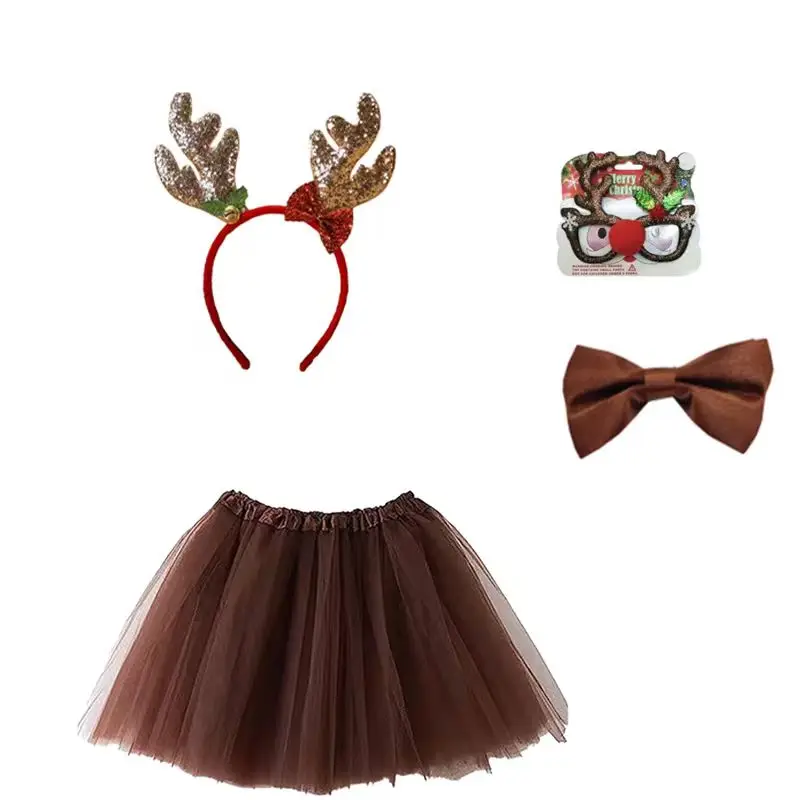 PESENAR 大人用チュチュスカート トナカイヘッドバンド付き 靴下 鹿 コスプレ衣装 クリスマス仮装衣装 女性用 女の子用 ブラウン