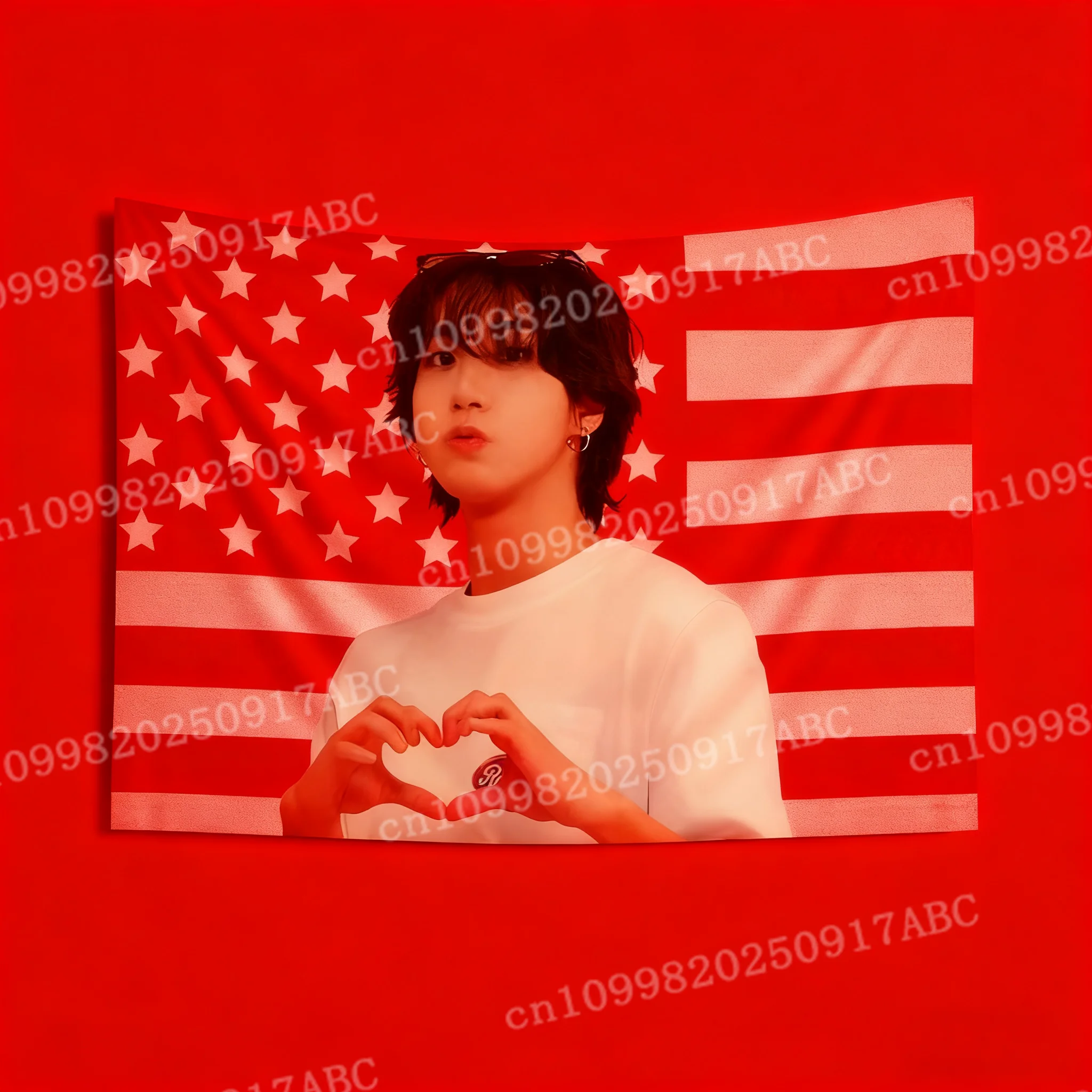 American Flag Tapestry Home Decor Tapestry Pink American Flag Design with Young Man Making Heart Gesture Gift Home Tapestry