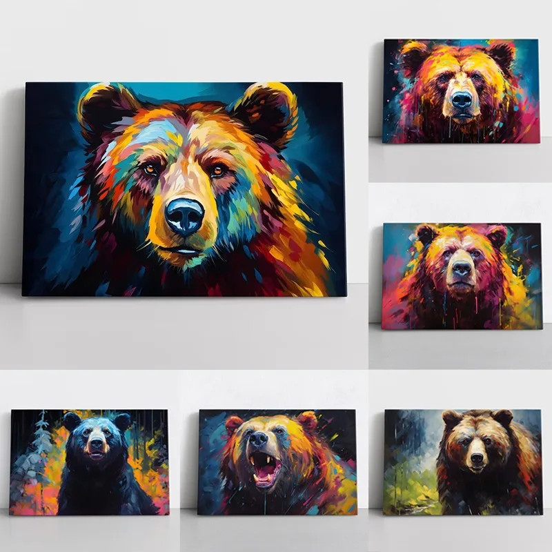 Colorful Abstract Grizzly Bear Portrait Posters Prints Canvas Painting Animal Wildlife Modern Wall Picture for Living Room Decor