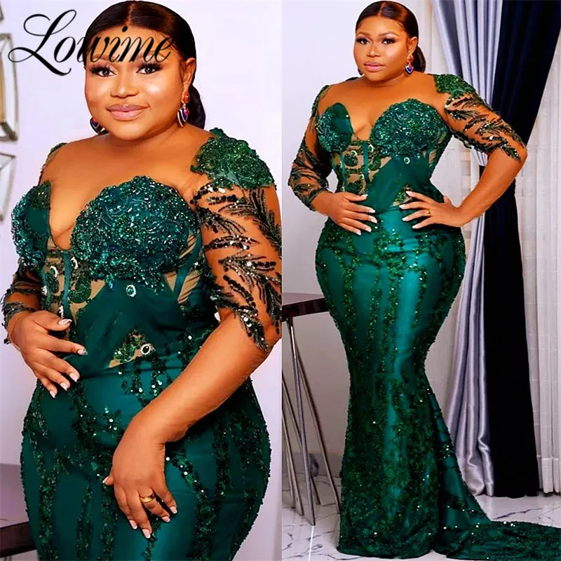 Hunter Green Mermaid Prom Dresses Long Sleeves Lace Sequined Crystals Evening Party Second Reception Engagement Gowns Plus Size