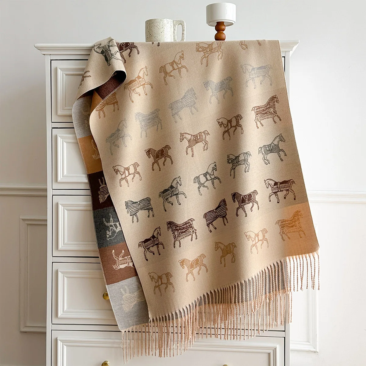 Women Horse Print Scarf Winter Warm Tassel Large Shawl Wrap Soft Reversible Pashmina Scarves Ladies Daily Wear and Prefect Gifts