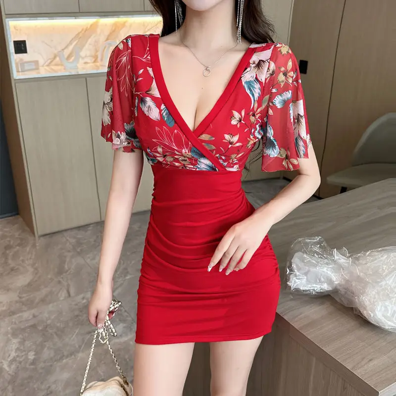 Summer Women\'s Clothing Pullover Patchwork Chiffon Short Sleeves Plant&Flowers Printing V-Neck Mini Skirts Flattering Dresses