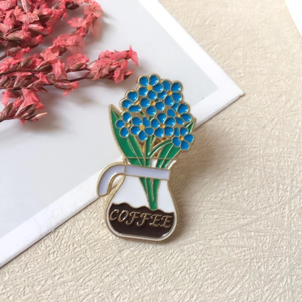 الزهور والقهوة المينا دبوس/شارة عشاق القهوة/دبوس التلبيب/دبوس طوق/مجموعة دبوس المينا مضحك/هدية عيد ميلاد لها/له