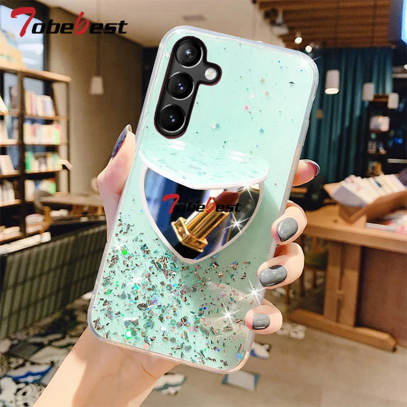 Glitter Heart Mirror Phone Holder Case For Samsung Galaxy A16 A26 A36 A56 A06 A15 A25 A35 A55 A14 A25 A35 A54 A05 4G 5G Cover