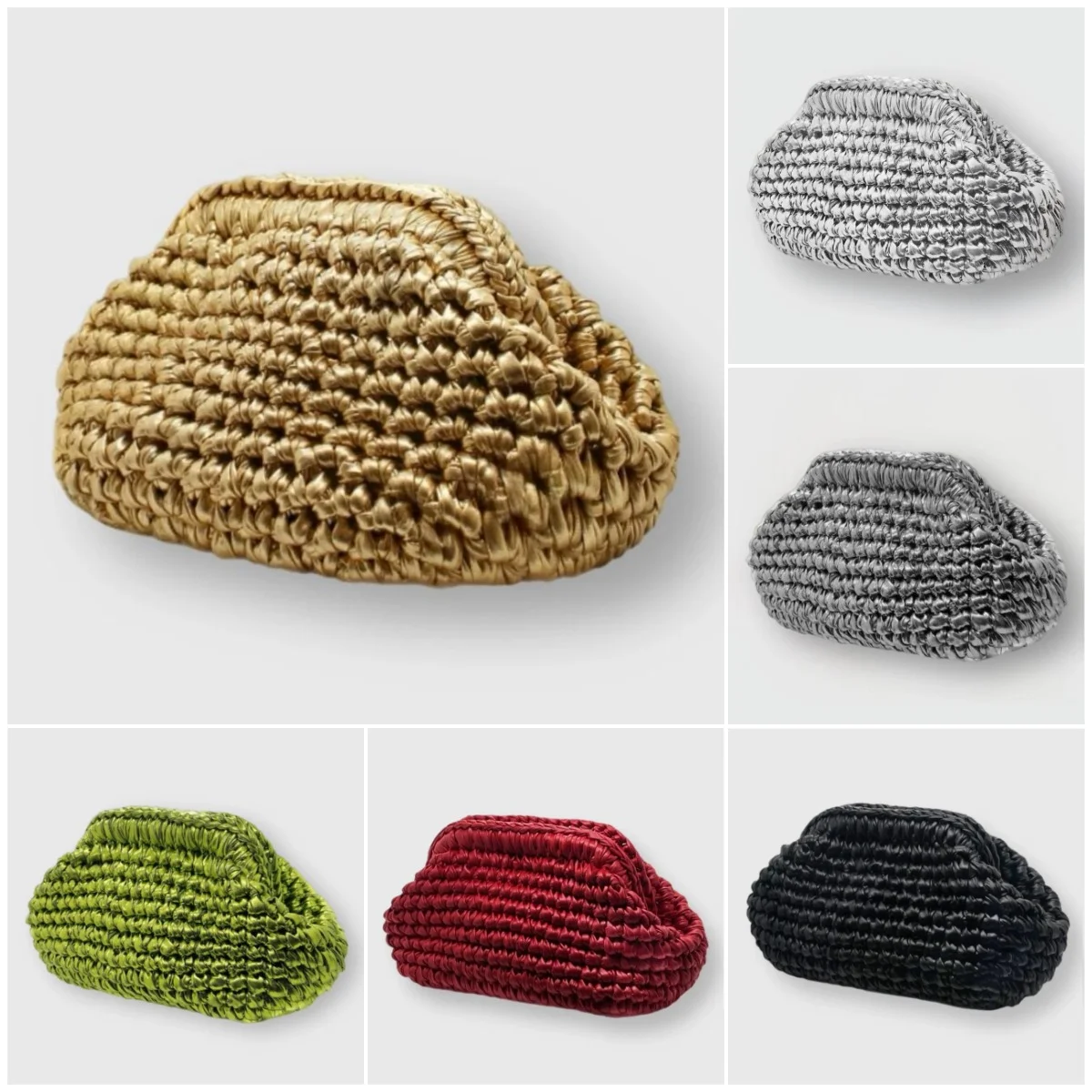 Yingzi Bolso de mano tejido con clip de ganchillo y tira de tela plateada para mujer, bolso de mano de gran tamaño