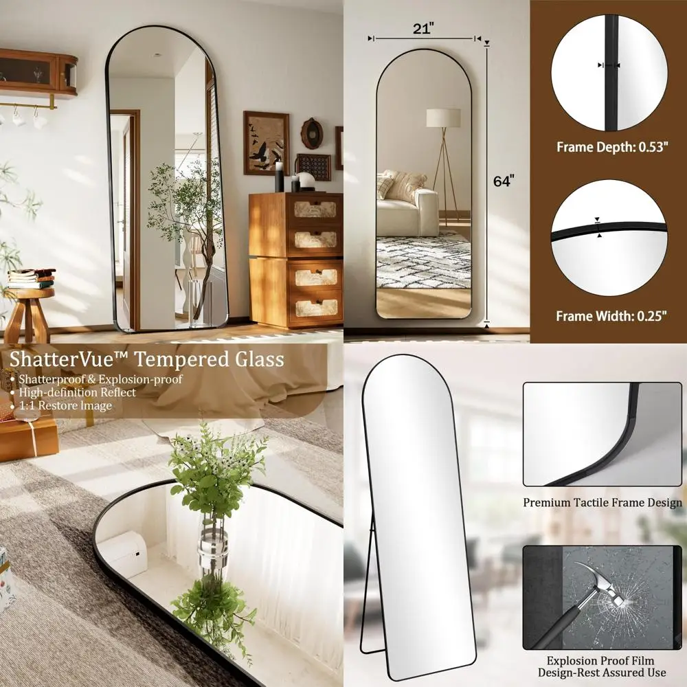 Gewölbter Ganzkörperspiegel 64 x 21 – Bodenstehender Spiegel mit Aluminiumrahmen und Ständer, ideal für den Heim- und Studiogebrauch