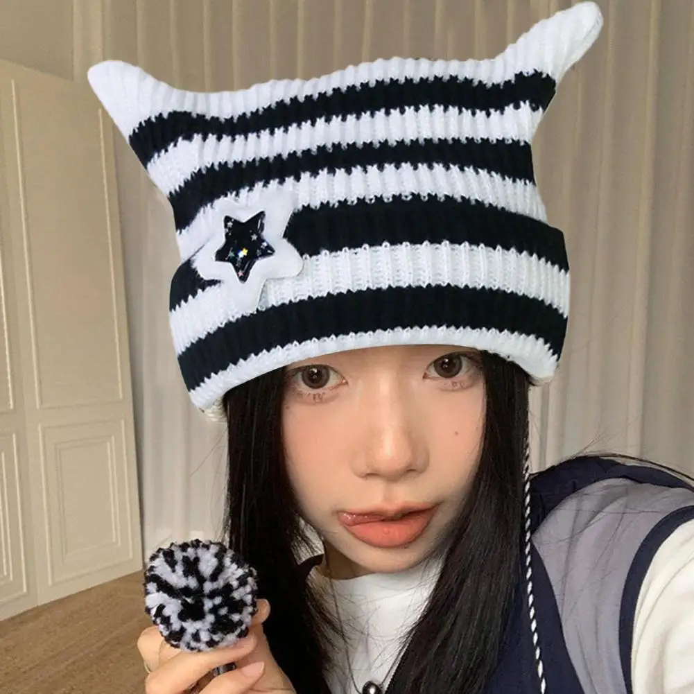 Ladies Winter Hat with Fur Ball Striped Star Fur Ball Winter Ladies Hat with Kitty Head Decor Anti-slip Elastic Band for Warmth