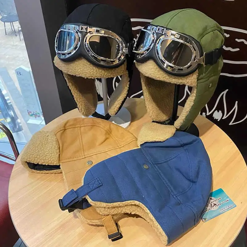 Lei feng chapéu masculino inverno engrossado proteção para os olhos chapéu de lona feminino quente cashmere à prova de vento proteção de ouvido chapéu esqui