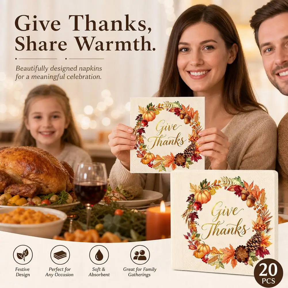 20Pcs Thanksgiving Paper Napkins Pumpkin Maple Leaves Autumn Fall Harvest 2 Ply Disposable Tableware Dinner Party Decor
